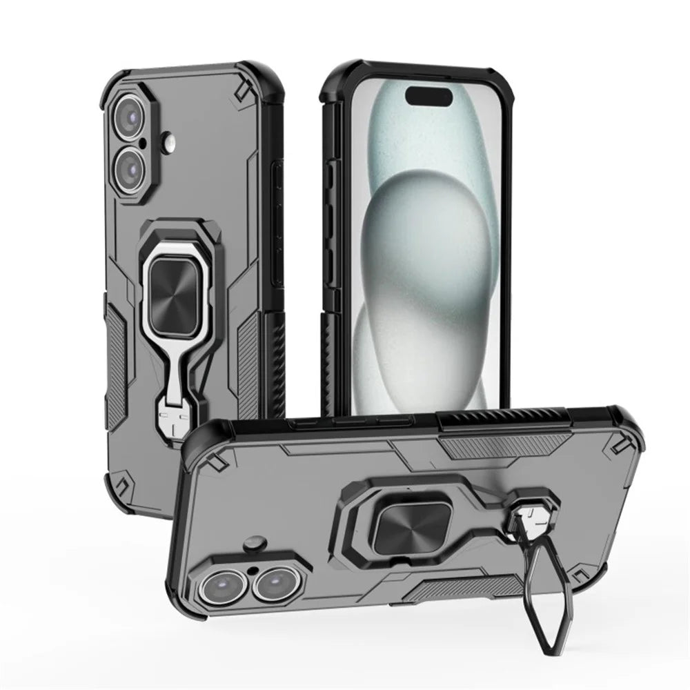 WANLONFENG For iPhone 16 Plus Phone Case  PC TPU Back Cover Kickstand with Tempered Glass - Black - 5