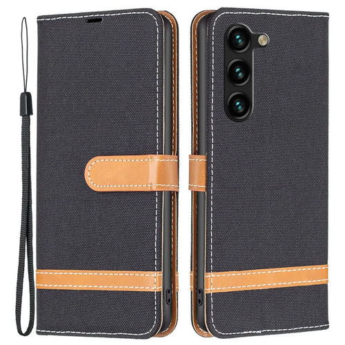 For Samsung Galaxy S23+ Case Jeans Cloth Texture Leather Wallet Mobile Cover with Stand - Black - 1