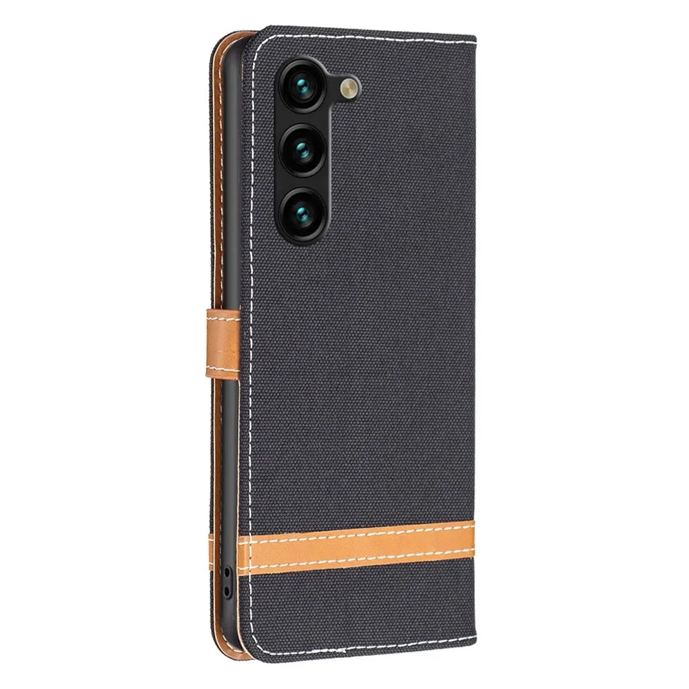 For Samsung Galaxy S23+ Case Jeans Cloth Texture Leather Wallet Mobile Cover with Stand - Black - 7