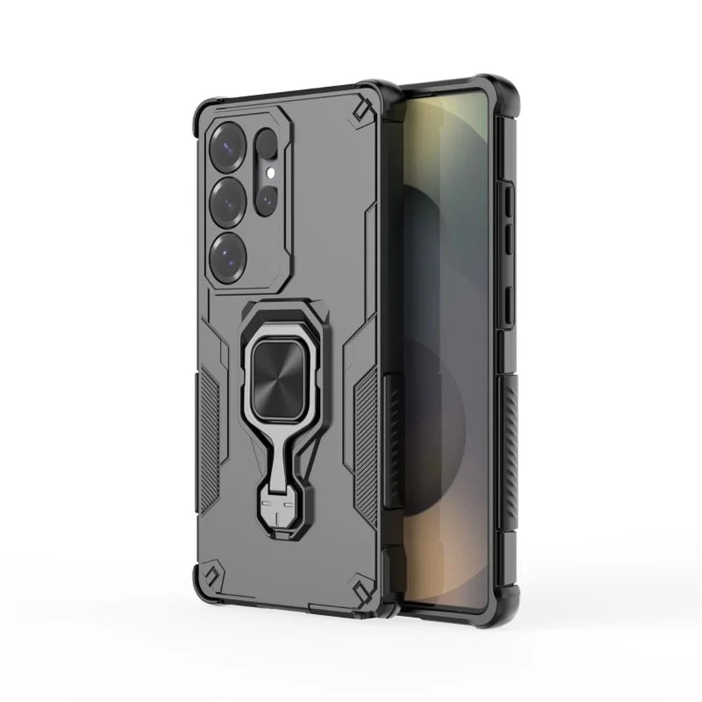 WANLONFENG For Samsung Galaxy S25 Ultra Phone Case  PC TPU Back Cover Kickstand with Tempered Glass - Black - 2