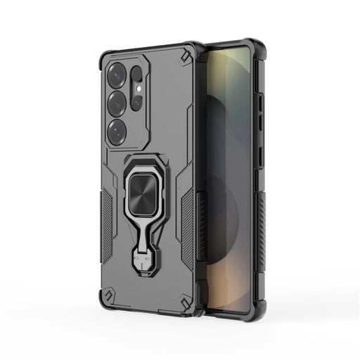 WANLONFENG For Samsung Galaxy S25 Ultra Phone Case  PC TPU Back Cover Kickstand with Tempered Glass - Black - 2