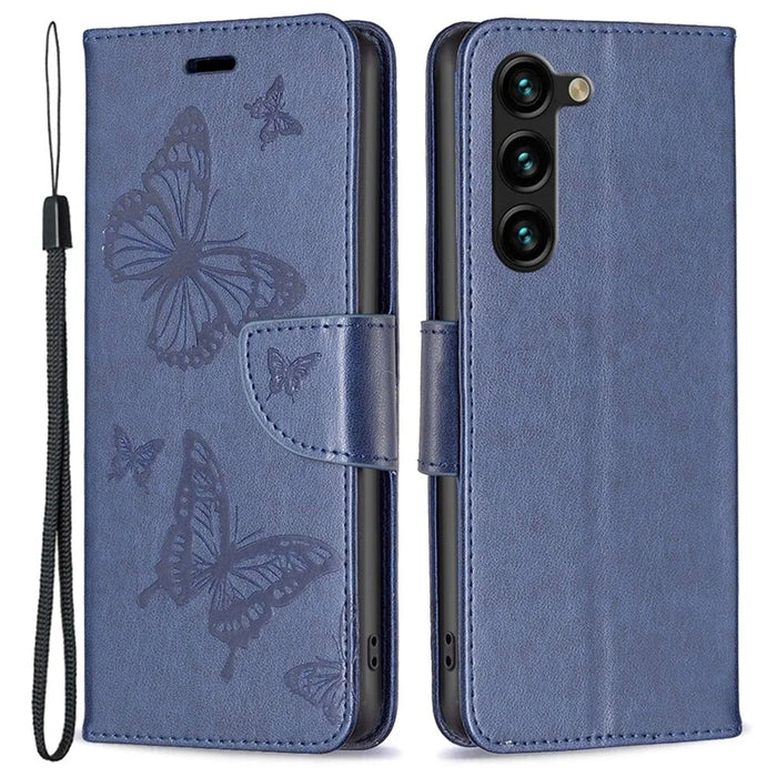 For Samsung Galaxy S23+ Wallet Case Imprinted Butterflies Leather Phone Cover with Strap - Dark Blue - 1