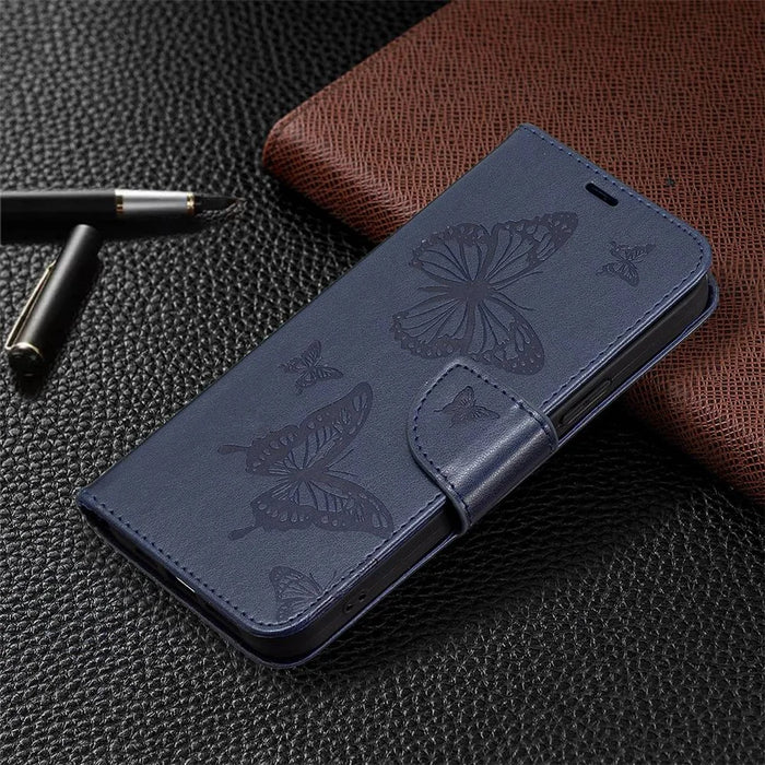 For Samsung Galaxy S23+ Wallet Case Imprinted Butterflies Leather Phone Cover with Strap - Dark Blue - 4