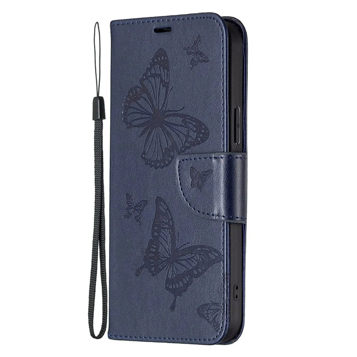 For Samsung Galaxy S23+ Wallet Case Imprinted Butterflies Leather Phone Cover with Strap - Dark Blue - 6