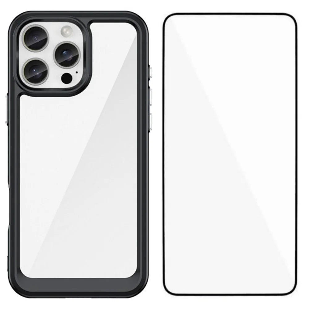 WANLONFENG For iPhone 16 Pro Max Phone Case  XC Series TPU Acrylic Cover with Tempered Glass (Big Lens Hole) - Black - 1
