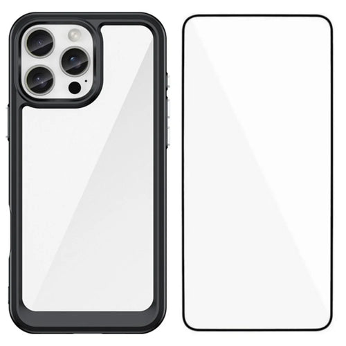 WANLONFENG For iPhone 16 Pro Phone Case  XC Series TPU Acrylic Cover with Tempered Glass (Big Lens Hole) - Black - 1