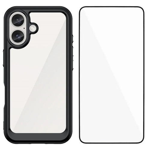 WANLONFENG For iPhone 16 Plus Phone Case  XC Series TPU Acrylic Cover with Tempered Glass (Big Lens Hole) - Black - 1