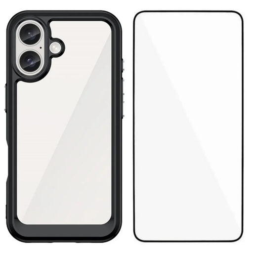 WANLONFENG For iPhone 16 Phone Case  XC Series TPU Acrylic Cover with Tempered Glass (Big Lens Hole) - Black - 1