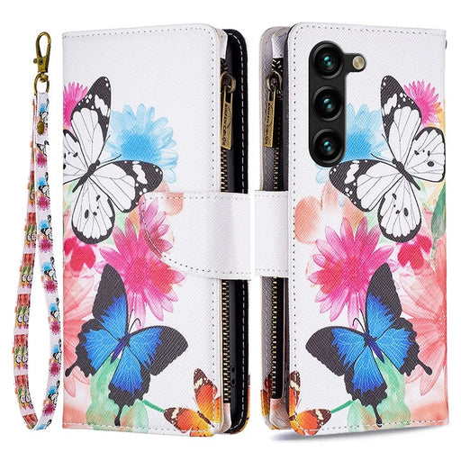 For Samsung Galaxy S23+ Leather Case with Strap Pattern Printing Zipper Wallet Phone Stand Cover - Two Butterflies - 1