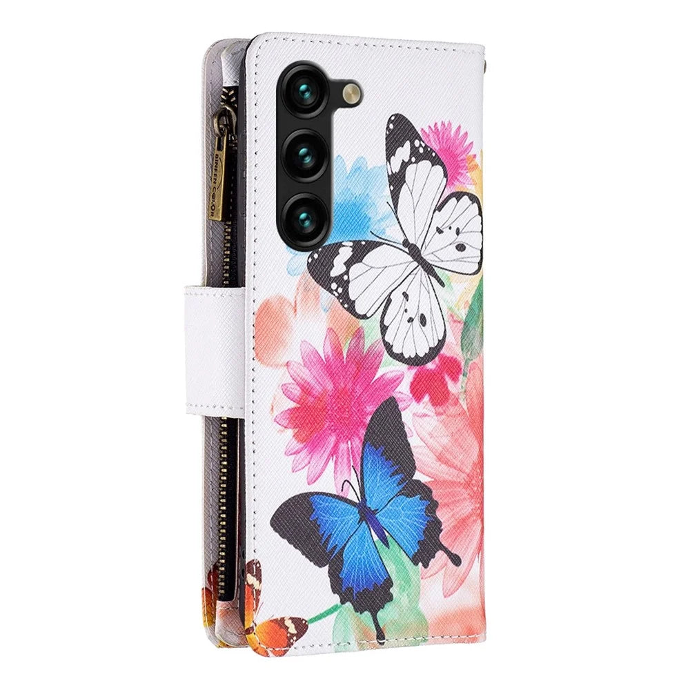 For Samsung Galaxy S23+ Leather Case with Strap Pattern Printing Zipper Wallet Phone Stand Cover - Two Butterflies - 7