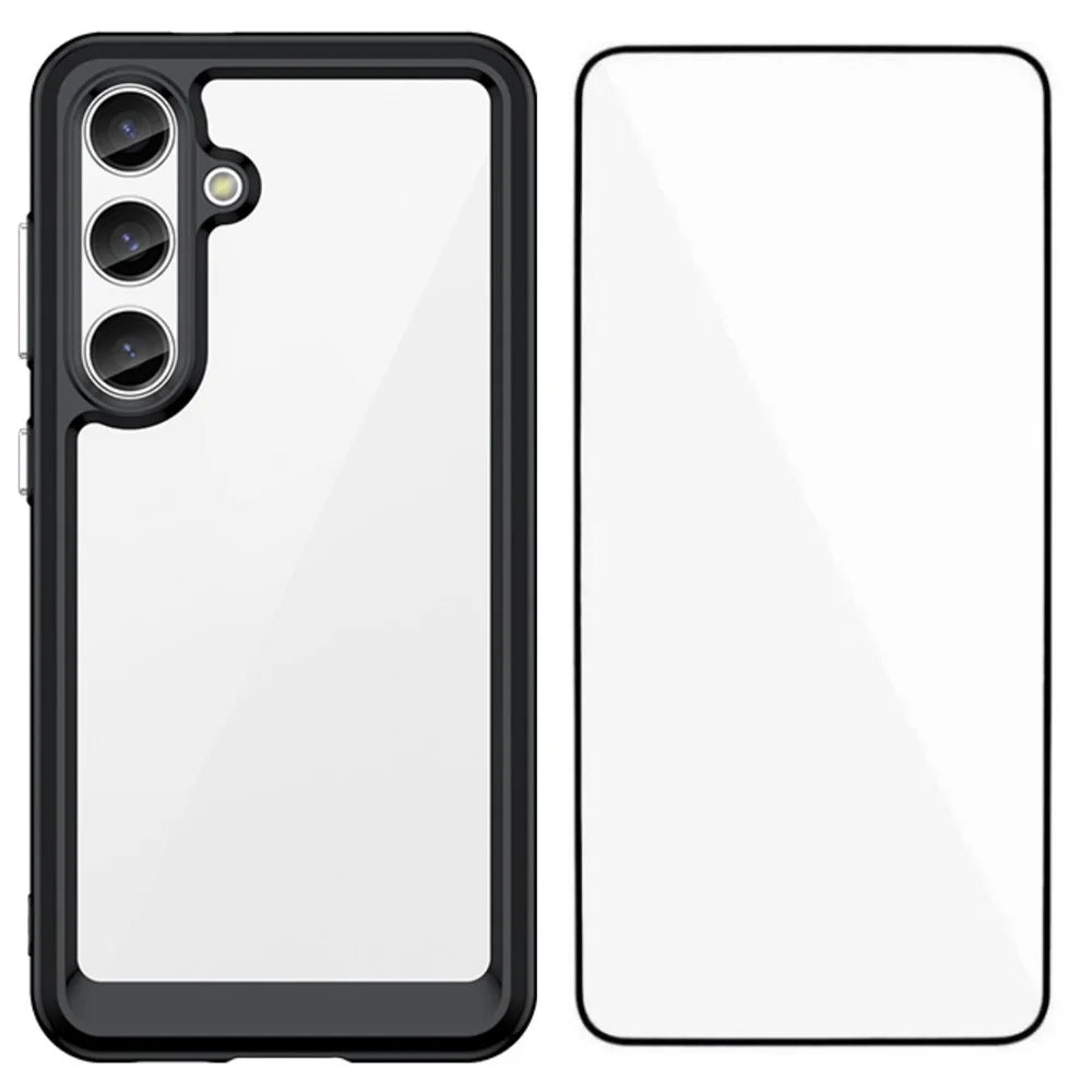 WANLONFENG For Samsung Galaxy S25+ Phone Case  XC Series TPU Acrylic Cover with Tempered Glass (Big Lens Hole) - Black - 1