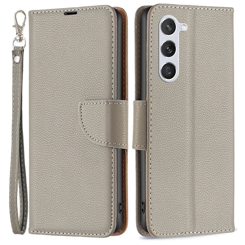 For Samsung Galaxy S23 Wallet Case Litchi Texture Flip Leather Mobile Cover Stand with Strap - Grey - 1