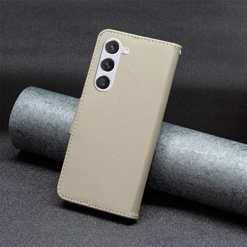 For Samsung Galaxy S23 Wallet Case Litchi Texture Flip Leather Mobile Cover Stand with Strap - Grey - 5