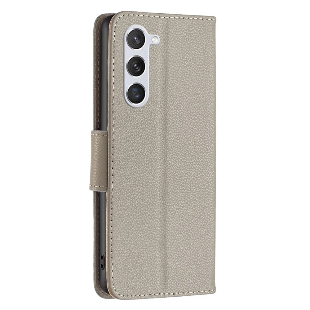 For Samsung Galaxy S23 Wallet Case Litchi Texture Flip Leather Mobile Cover Stand with Strap - Grey - 7