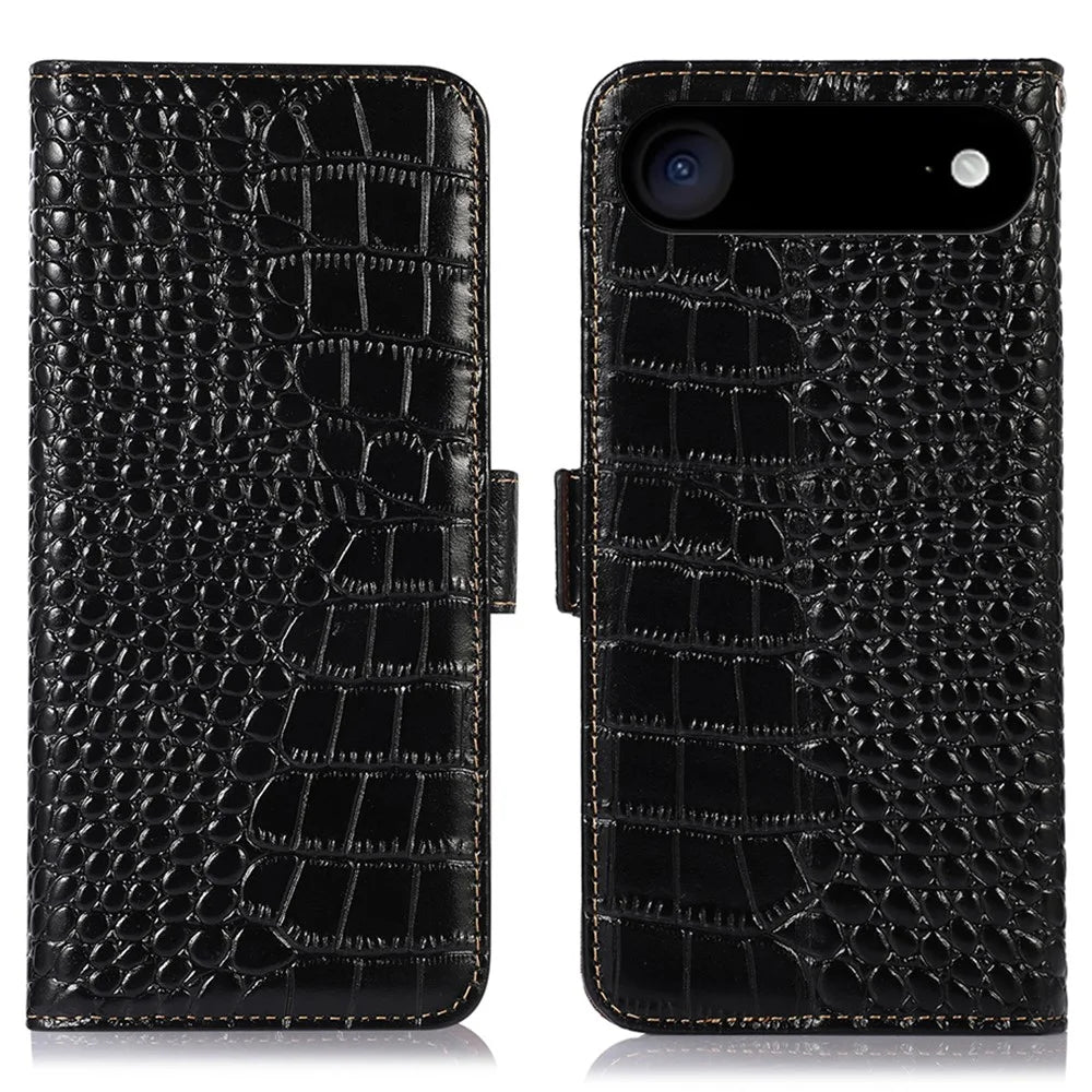 For iPhone Air Case Crocodile Texture Genuine Cow Leather Phone Wallet Cover - Black - 1