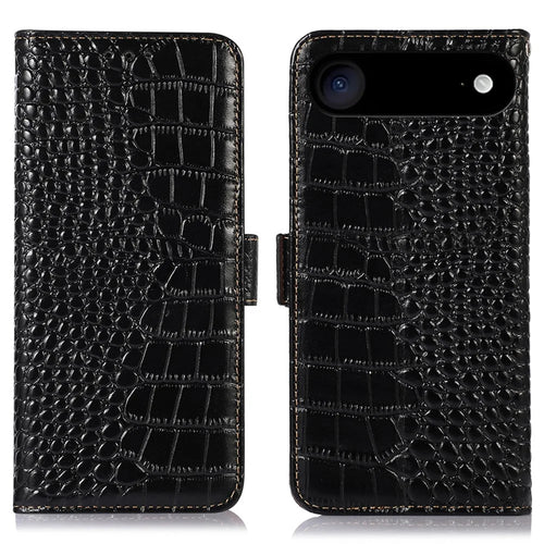 For iPhone Air Case Crocodile Texture Genuine Cow Leather Phone Wallet Cover - Black - 1