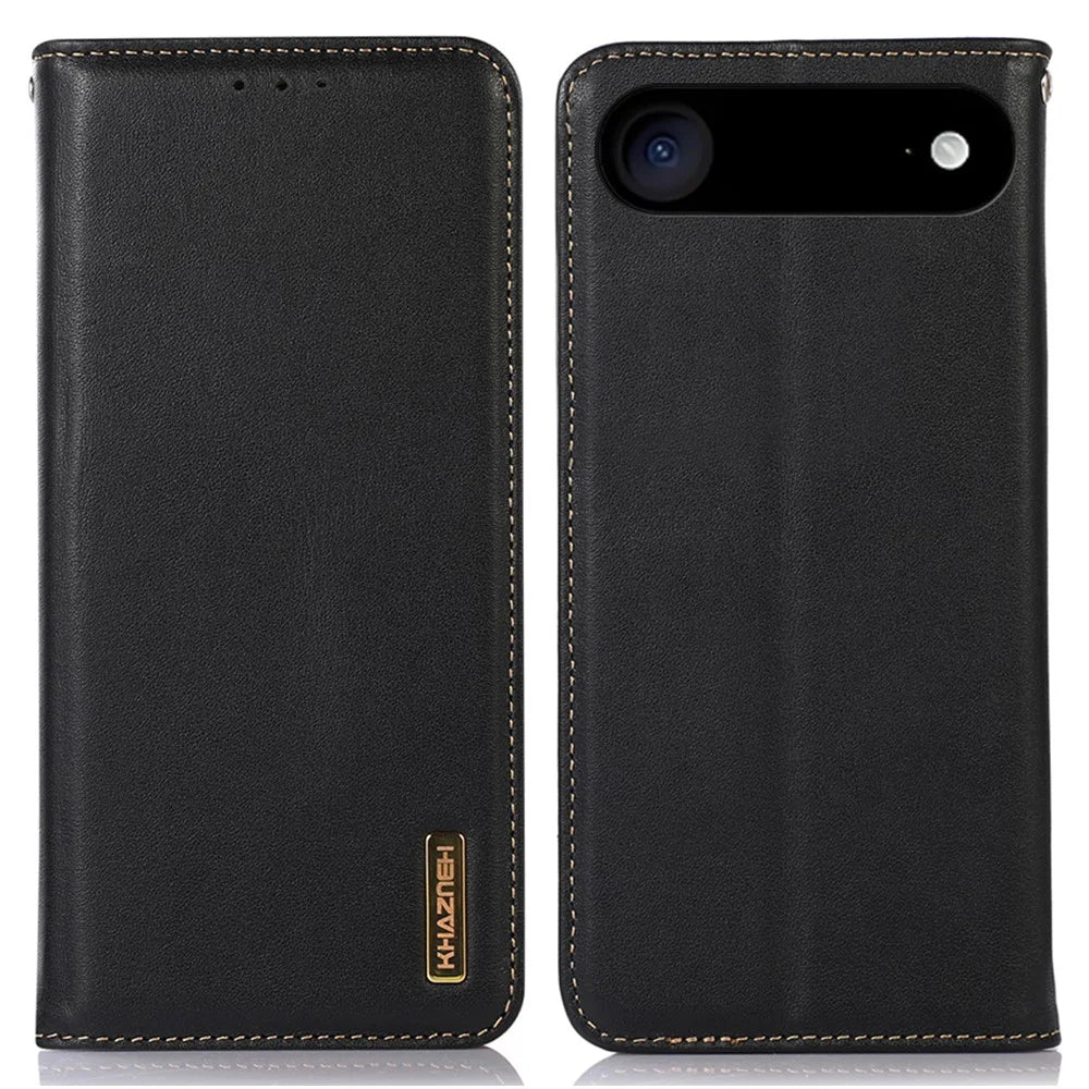 KHAZNEH For iPhone Air Case Wallet Genuine Cow Leather Phone Cover Nappa Texture - Black - 1