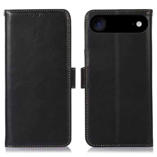 For iPhone Air Case RFID Blocking Genuine Cow Leather Wallet Phone Cover - Black - 1