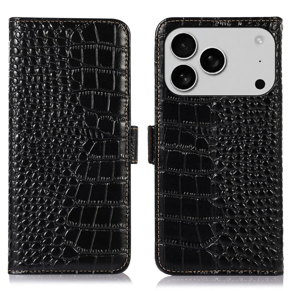 For iPhone 18 Pro Max / 17 Pro Max Case Crocodile Texture Genuine Cow Leather Phone Wallet Cover - Black - 1