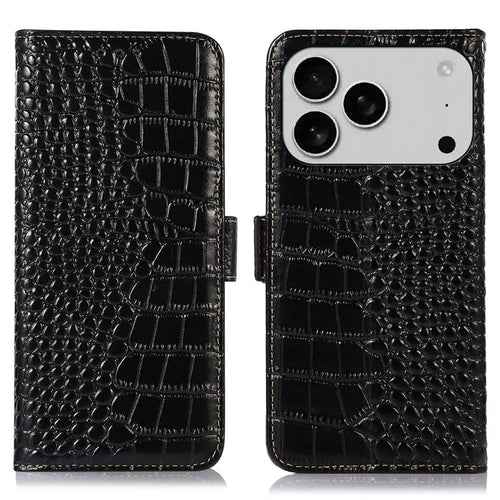For iPhone 18 Pro Max / 17 Pro Max Case Crocodile Texture Genuine Cow Leather Phone Wallet Cover - Black - 1