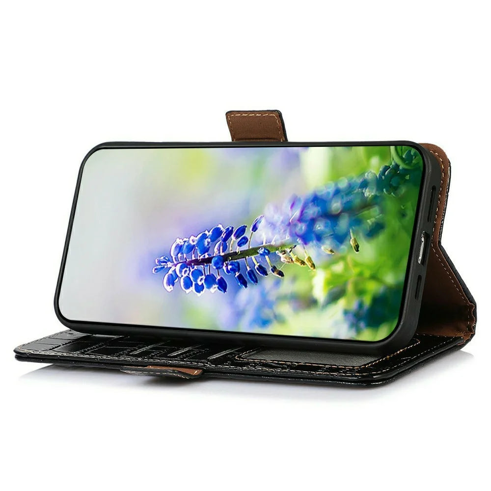 For iPhone 18 Pro / 17 Pro Case Crocodile Texture Genuine Cow Leather Phone Wallet Cover - Black - 3