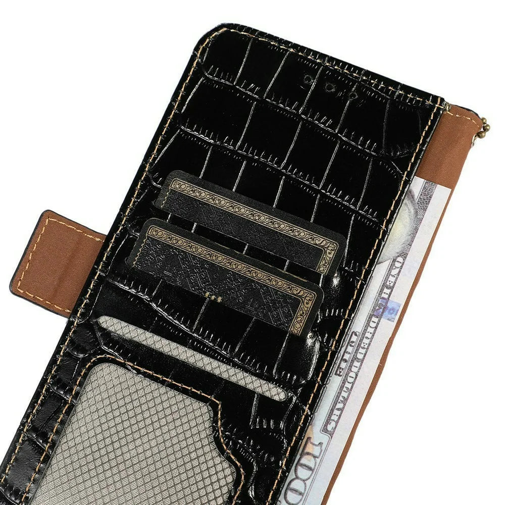 For iPhone 18 Pro / 17 Pro Case Crocodile Texture Genuine Cow Leather Phone Wallet Cover - Black - 5
