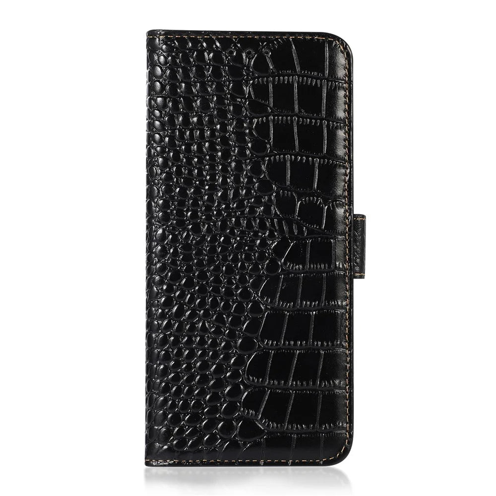 For iPhone 18 Pro / 17 Pro Case Crocodile Texture Genuine Cow Leather Phone Wallet Cover - Black - 7