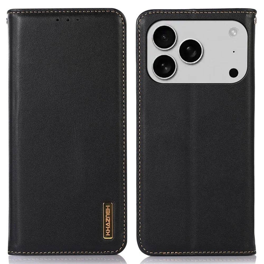 KHAZNEH For iPhone 18 Pro / 17 Pro Case Wallet Genuine Cow Leather Phone Cover Nappa Texture - Black - 1