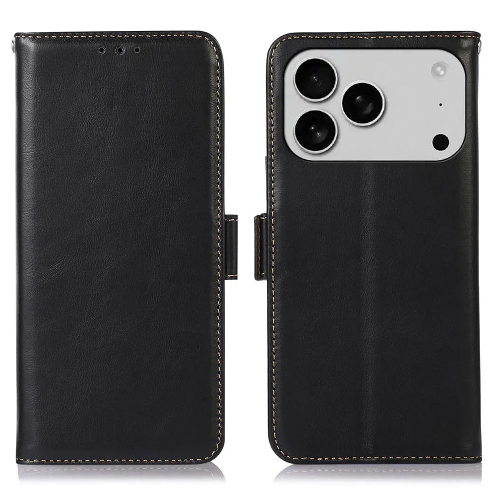 For iPhone 18 Pro / 17 Pro Case RFID Blocking Genuine Cow Leather Wallet Phone Cover - Black - 1