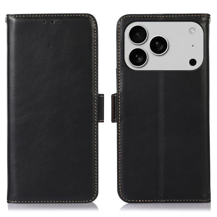 For iPhone 18 Pro / 17 Pro Case RFID Blocking Genuine Cow Leather Wallet Phone Cover - Black - 1