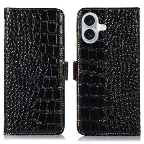 For iPhone 17 Case Crocodile Texture Genuine Cow Leather Phone Wallet Cover - Black - 1