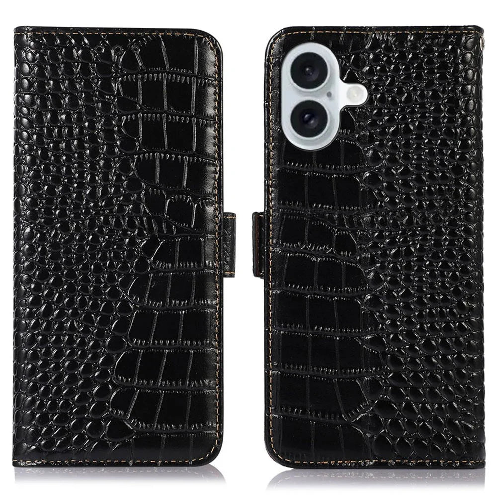 For iPhone 17 Case Crocodile Texture Genuine Cow Leather Phone Wallet Cover - Black - 1