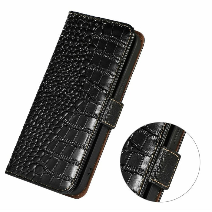 For iPhone 17 Case Crocodile Texture Genuine Cow Leather Phone Wallet Cover - Black - 6