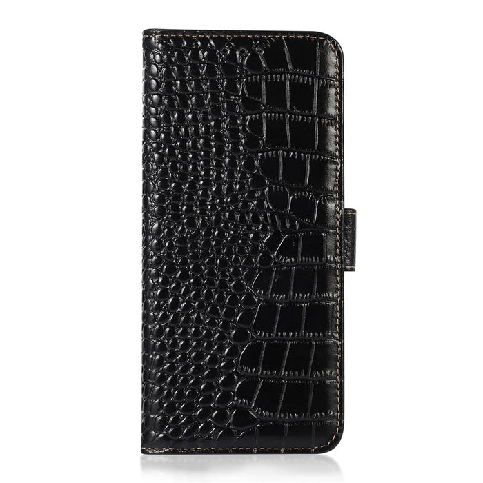 For iPhone 17 Case Crocodile Texture Genuine Cow Leather Phone Wallet Cover - Black - 7
