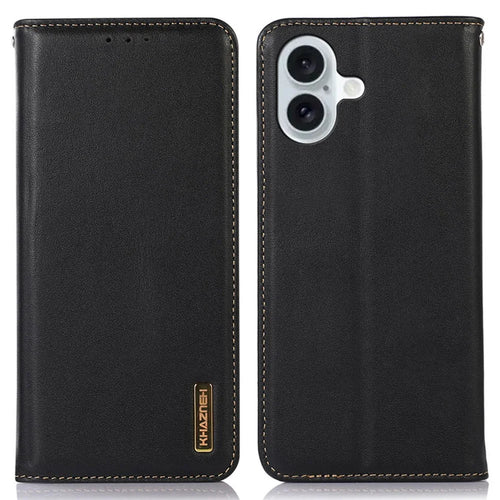 KHAZNEH For iPhone 17 Case Wallet Genuine Cow Leather Phone Cover Nappa Texture - Black - 1