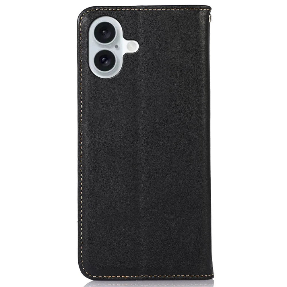 KHAZNEH For iPhone 17 Case Wallet Genuine Cow Leather Phone Cover Nappa Texture - Black - 7