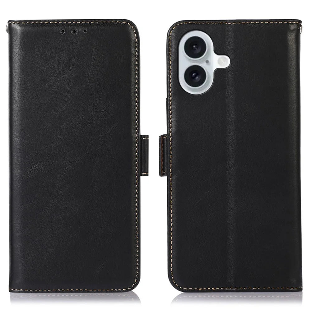 For iPhone 17 Case RFID Blocking Genuine Cow Leather Wallet Phone Cover - Black - 1