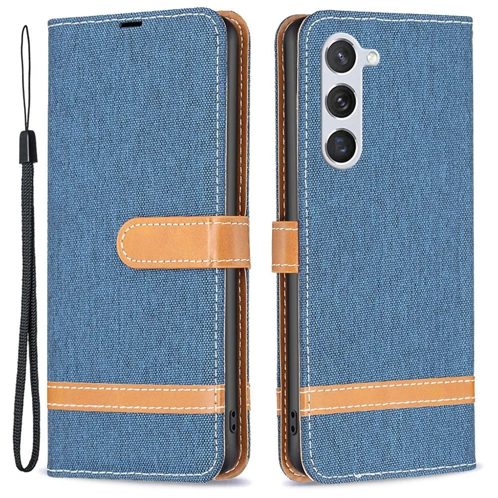 For Samsung Galaxy S23 Shockproof Case Jeans Cloth Texture Leather Wallet Mobile Cover with Stand - Navy Blue - 1