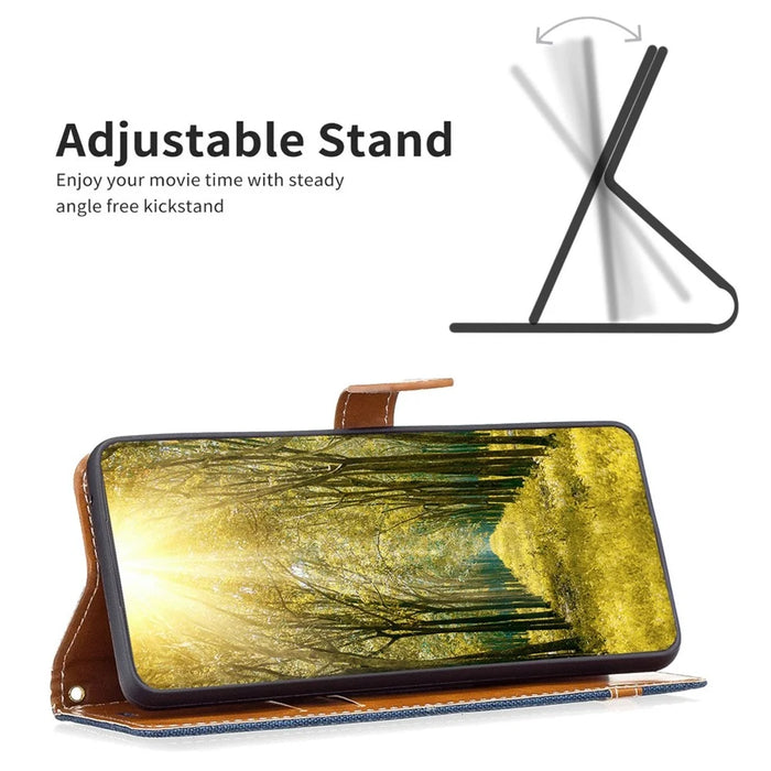 For Samsung Galaxy S23 Shockproof Case Jeans Cloth Texture Leather Wallet Mobile Cover with Stand - Navy Blue - 2