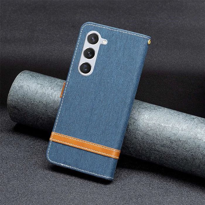 For Samsung Galaxy S23 Shockproof Case Jeans Cloth Texture Leather Wallet Mobile Cover with Stand - Navy Blue - 5