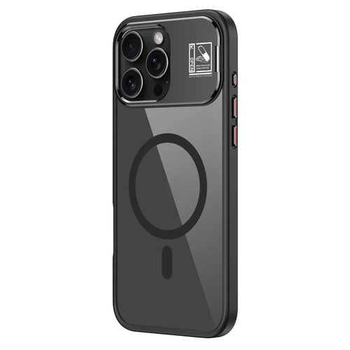 For iPhone 16 Pro Max Magnetic Case TPU + Acrylic Kickstand Phone Cover with Glass Lens Film - Black - 1