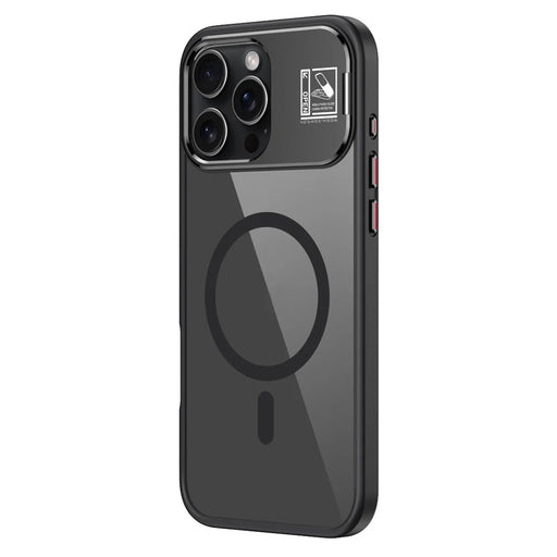For iPhone 16 Pro Max Magnetic Case TPU + Acrylic Kickstand Phone Cover with Glass Lens Film - Black - 1