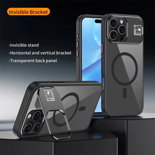 For iPhone 16 Pro Max Magnetic Case TPU + Acrylic Kickstand Phone Cover with Glass Lens Film - Black - 2