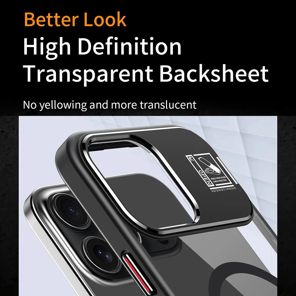 For iPhone 16 Pro Max Magnetic Case TPU + Acrylic Kickstand Phone Cover with Glass Lens Film - Black - 6