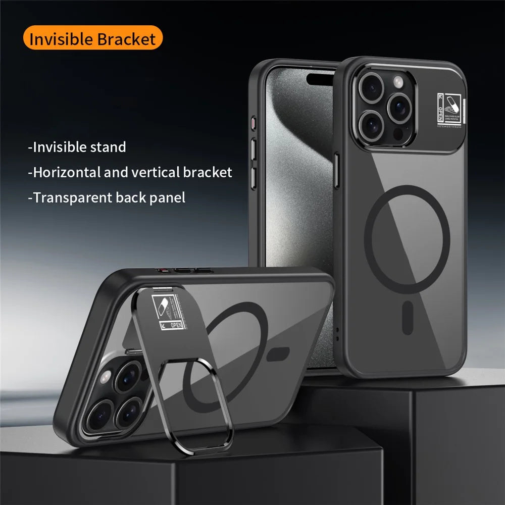 For iPhone 15 Pro Max Magnetic Case TPU + Acrylic Kickstand Phone Cover with Glass Lens Film - Black - 2
