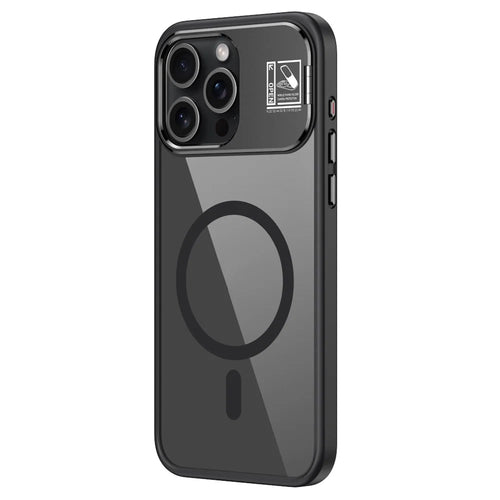 For iPhone 15 Pro Magnetic Case TPU + Acrylic Kickstand Phone Cover with Glass Lens Film - Black - 1