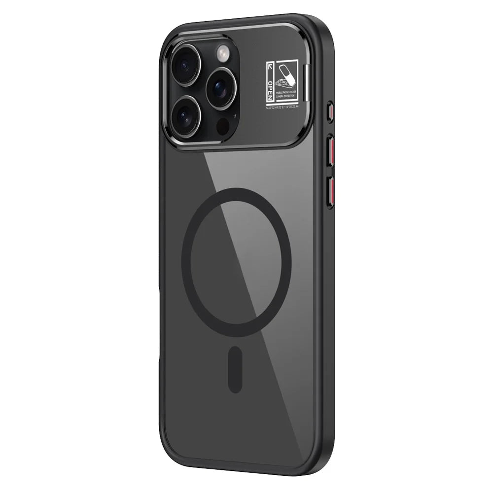 For iPhone 16 Pro Magnetic Case TPU + Acrylic Kickstand Phone Cover with Glass Lens Film - Black - 1