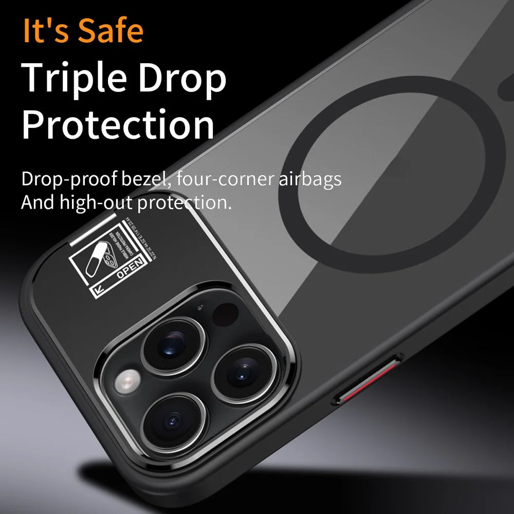 For iPhone 16 Pro Magnetic Case TPU + Acrylic Kickstand Phone Cover with Glass Lens Film - Black - 3
