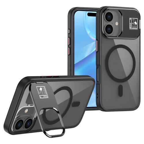 For iPhone 16 Magnetic Case TPU + Acrylic Kickstand Phone Cover with Glass Lens Film - Black - 1