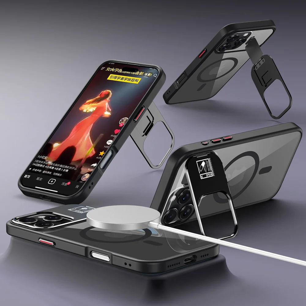 For iPhone 16 Magnetic Case TPU + Acrylic Kickstand Phone Cover with Glass Lens Film - Black - 2